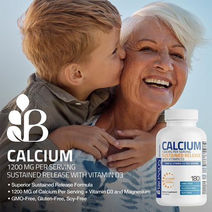 Bronson Calcium 1200 mg pro Portion mit verlängerter Freisetzung & Vitamin D3 1000 IE – 90 Tabletten