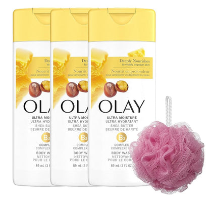 PURPUR Olay Ultra Feuchtigkeitsspendendes Duschgel mit Sheabutter für Frauen Loofah Bundle, Reisegröße, 3 oz (3er-Pack) Farbe kann variieren