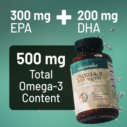 NatureWise Omega 3 Fischöl 500 mg pro Kapsel – EPA & DHA – Immunsystem, Gehirn & allgemeines Wohlbefinden – Gluten- und sojafrei, nicht genetisch verändert – 60 Weichkapseln (2-Monats-Vorrat)