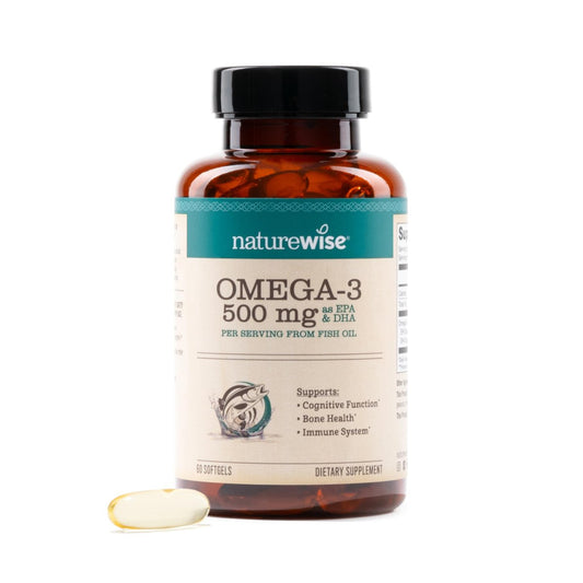 NatureWise Omega 3 Fischöl 500 mg pro Kapsel – EPA & DHA – Immunsystem, Gehirn & allgemeines Wohlbefinden – Gluten- und sojafrei, nicht genetisch verändert – 60 Weichkapseln (2-Monats-Vorrat)