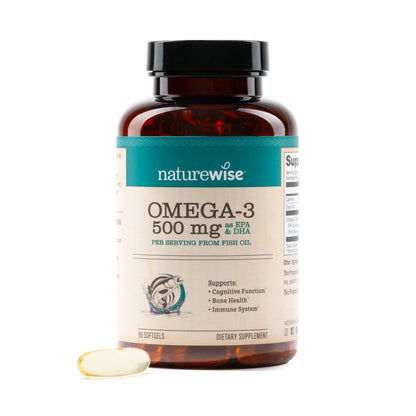 NatureWise Omega 3 Fischöl – 500 mg pro Kapsel – EPA & DHA – Immunsystem, Gehirngesundheit & Wohlbefinden – Gluten- und sojafrei, nicht genetisch verändert – 90 Weichkapseln (3-Monats-Vorrat)