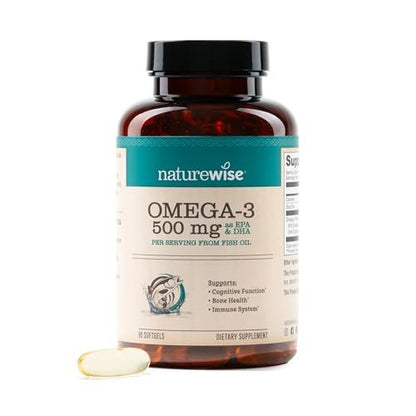 NatureWise Omega 3 Fischöl – 500 mg pro Kapsel – EPA & DHA – Immunsystem, Gehirngesundheit & Wohlbefinden – Gluten- und sojafrei, nicht genetisch verändert – 90 Weichkapseln (3-Monats-Vorrat)