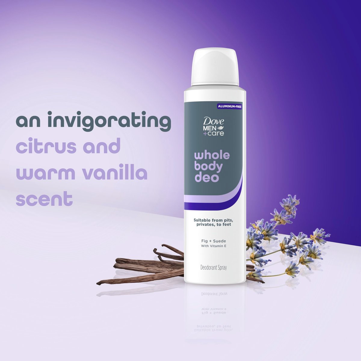 DOVE MEN + CARE Ganzkörper-Deodorant Fig & Suede – 72h Schutz für Achseln, Intimbereich und Füße, 118 ml