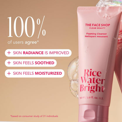 The Face Shop Rice Water Bright Travel Kit – Koreanische Hautpflege mit Ceramiden, vegane Gesichtspflege für trockene Haut (Reinigung, Serum, Creme, Augencreme)