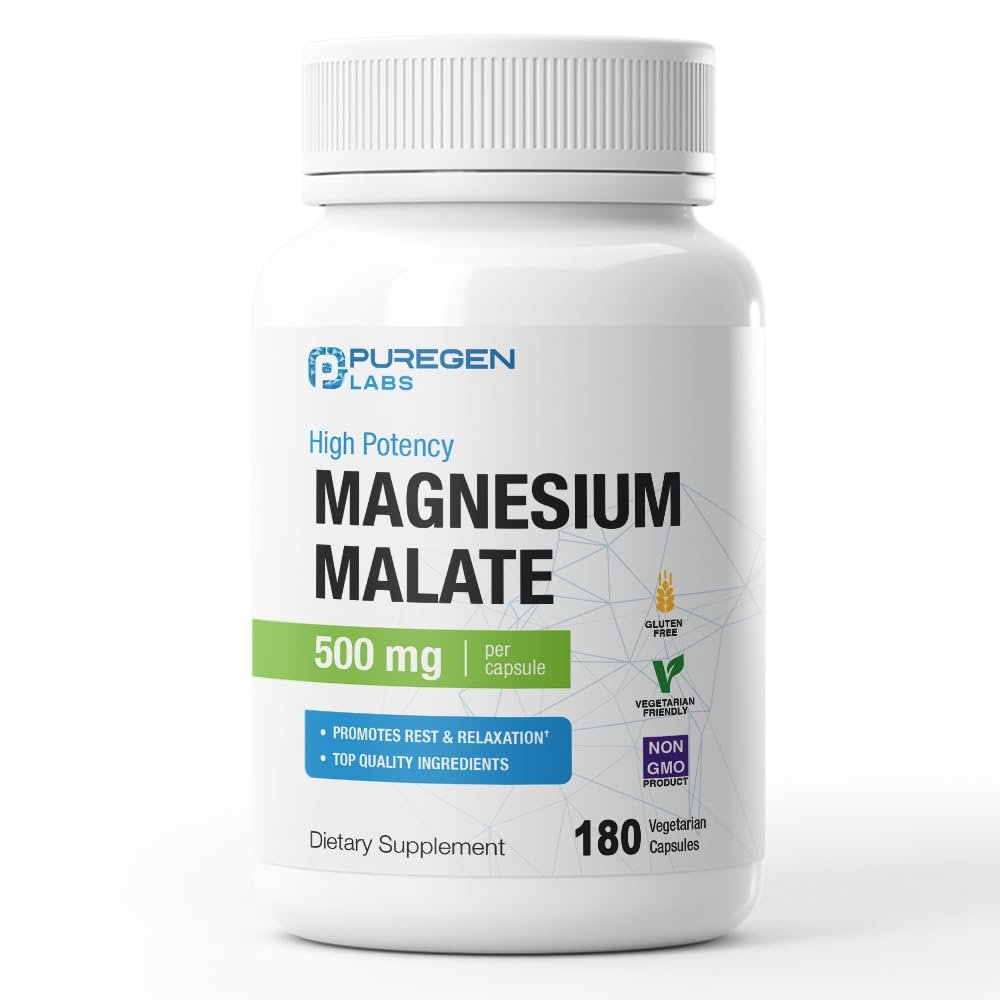 Puregen Labs Magnesium Malat 500 mg | Hochdosiertes elementares Magnesium | 180 vegane Kapseln, hervorragende Absorption, Non-GMO, ohne Gluten und Milchprodukte, magenschonend