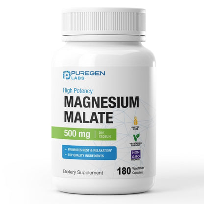Puregen Labs Magnesium Malat 500 mg | Hochdosiertes elementares Magnesium | 180 vegane Kapseln, hervorragende Absorption, Non-GMO, ohne Gluten und Milchprodukte, magenschonend