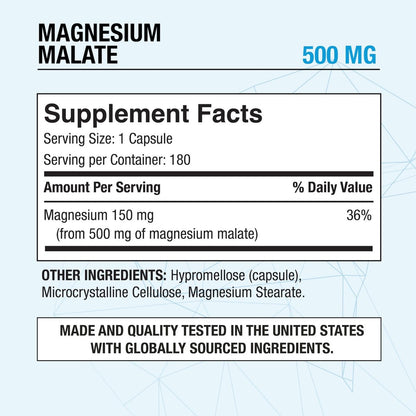 Puregen Labs Magnesium Malat 500 mg | Hochdosiertes elementares Magnesium | 180 vegane Kapseln, hervorragende Absorption, Non-GMO, ohne Gluten und Milchprodukte, magenschonend