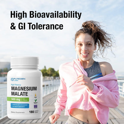 Puregen Labs Magnesium Malat 500 mg | Hochdosiertes elementares Magnesium | 180 vegane Kapseln, hervorragende Absorption, Non-GMO, ohne Gluten und Milchprodukte, magenschonend