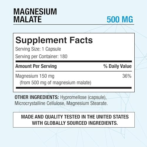 Puregen Labs Magnesium Malat 500 mg | Hochdosiertes elementares Magnesium | 180 vegane Kapseln, hervorragende Absorption, Non-GMO, ohne Gluten und Milchprodukte, magenschonend