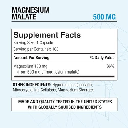 Puregen Labs Magnesium Malat 500 mg | Hochdosiertes elementares Magnesium | 180 vegane Kapseln, hervorragende Absorption, Non-GMO, ohne Gluten und Milchprodukte, magenschonend