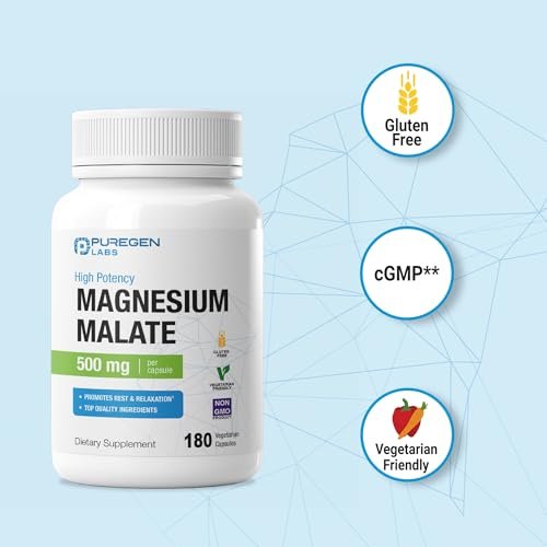 Puregen Labs Magnesium Malat 500 mg | Hochdosiertes elementares Magnesium | 180 vegane Kapseln, hervorragende Absorption, Non-GMO, ohne Gluten und Milchprodukte, magenschonend