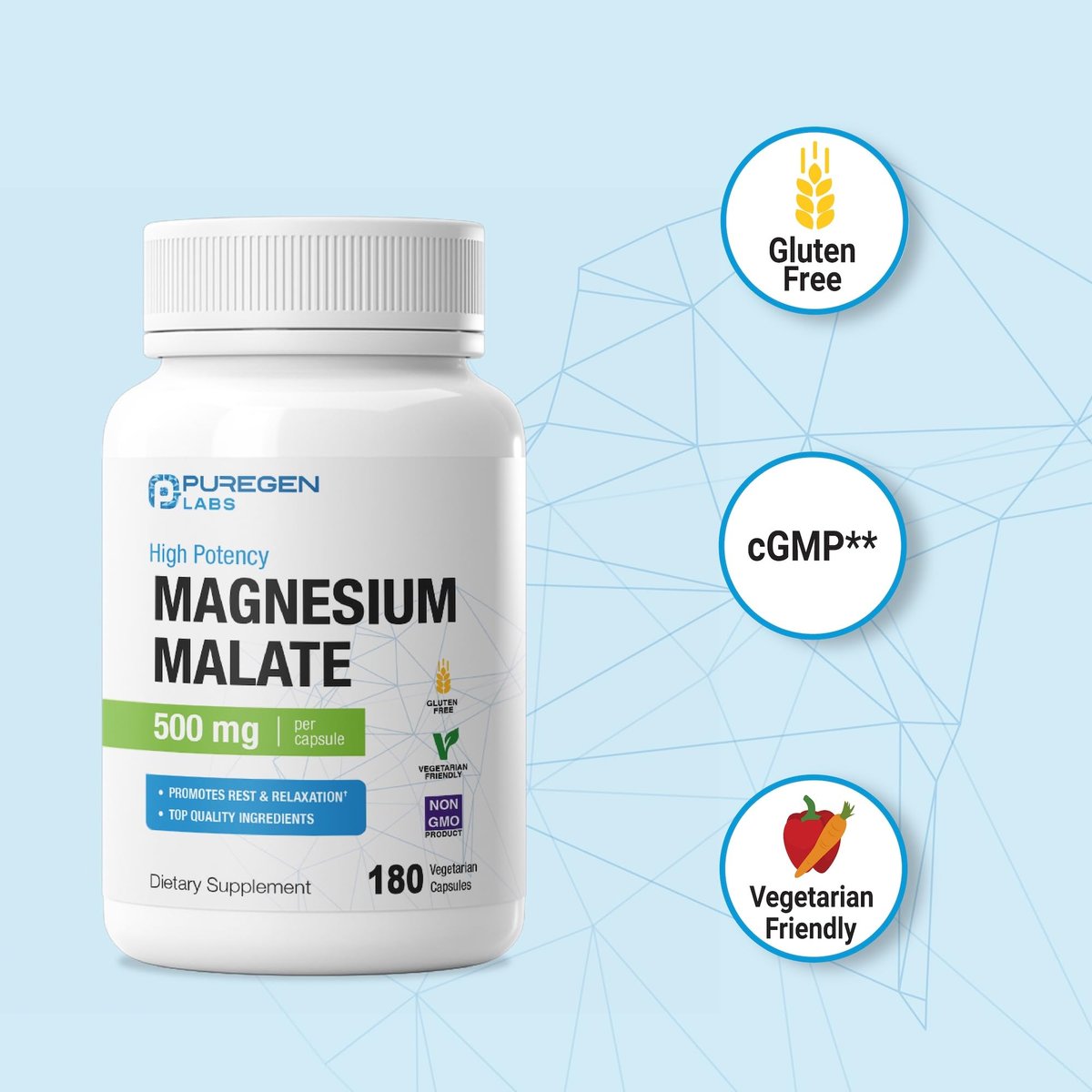Puregen Labs Magnesium Malat 500 mg | Hochdosiertes elementares Magnesium | 180 vegane Kapseln, hervorragende Absorption, Non-GMO, ohne Gluten und Milchprodukte, magenschonend
