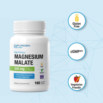 Puregen Labs Magnesium Malat 500 mg | Hochdosiertes elementares Magnesium | 180 vegane Kapseln, hervorragende Absorption, Non-GMO, ohne Gluten und Milchprodukte, magenschonend