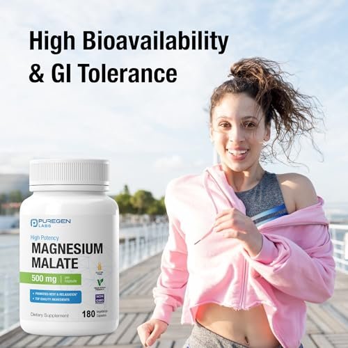 Puregen Labs Magnesium Malat 500 mg | Hochdosiertes elementares Magnesium | 180 vegane Kapseln, hervorragende Absorption, Non-GMO, ohne Gluten und Milchprodukte, magenschonend