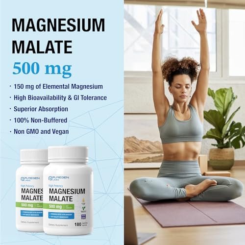 Puregen Labs Magnesium Malat 500 mg | Hochdosiertes elementares Magnesium | 180 vegane Kapseln, hervorragende Absorption, Non-GMO, ohne Gluten und Milchprodukte, magenschonend