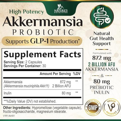 Akkermansia Probiotikum - 2 Milliarden AFU pro Portion - Fortschrittliches Akkermansia Muciniphila Präparat mit Präbiotika - Unterstützt Verdauung und GLP-1 - In den USA abgefüllt - 60 Kapseln