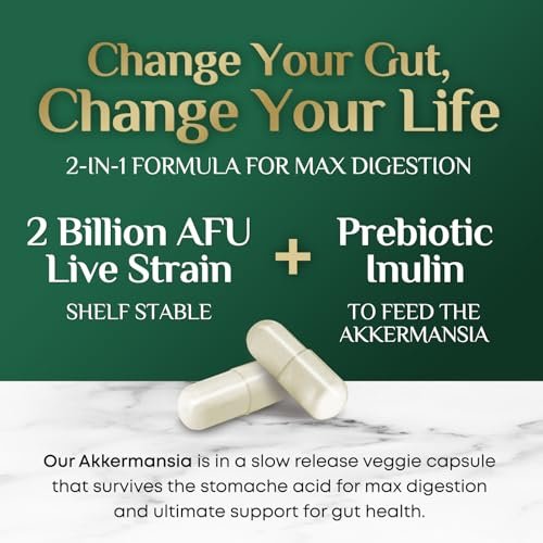 Akkermansia Probiotikum - 2 Milliarden AFU pro Portion - Fortschrittliches Akkermansia Muciniphila Präparat mit Präbiotika - Unterstützt Verdauung und GLP-1 - In den USA abgefüllt - 60 Kapseln