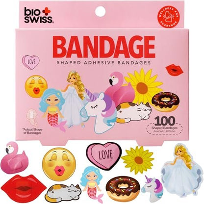 BioSwiss Wundpflaster, Tiermotive, lustige und essensförmige selbstklebende Pflaster, latexfrei, steril, 100 Stück