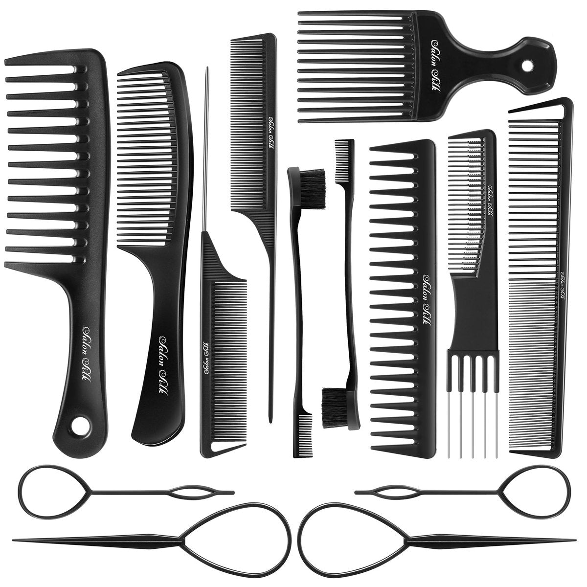 SALONSILK Damen Haarkamm Set - 14-teiliger Zahnkamm mit Rattenschwanz für Locken, Styling, Scheiteln, Schneiden und Flechten - Professionelle Friseurkämme aus Carbonfaser