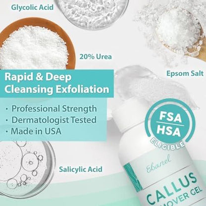 Ebanel Professioneller Hornhautentferner für Füße mit 20% Urea, Bittersalz, Salicylsäure, Glykolsäure – Gel-Peeling für abgestorbene Haut, rissige Fersen