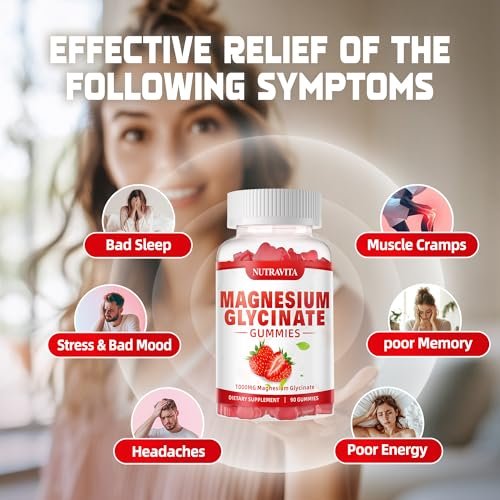 Magnesium Glycinat Gummies 1000mg mit Magnesium L-Threonat, Chelat-Magnesium-Kalium-Komplex mit VitD, B6, CoQ10, Calcium – unterstützt Gedächtnis, Ruhe, Stimmung – 90 Gummies Erdbeere
