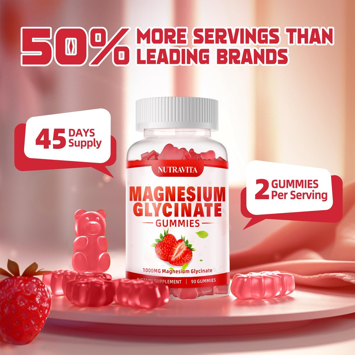 Magnesium Glycinat Gummies 1000mg mit Magnesium L-Threonat, Chelat-Magnesium-Kalium-Komplex mit VitD, B6, CoQ10, Calcium – unterstützt Gedächtnis, Ruhe, Stimmung – 90 Gummies Erdbeere