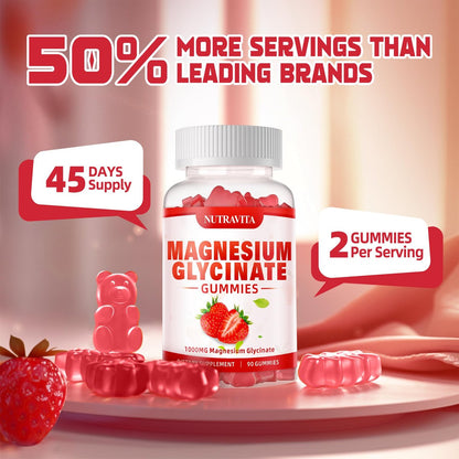 Magnesium Glycinat Gummies 1000mg mit Magnesium L-Threonat, Chelat-Magnesium-Kalium-Komplex mit VitD, B6, CoQ10, Calcium – unterstützt Gedächtnis, Ruhe, Stimmung – 90 Gummies Erdbeere