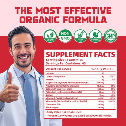 Magnesium Glycinat Gummies 1000mg mit Magnesium L-Threonat, Chelat-Magnesium-Kalium-Komplex mit VitD, B6, CoQ10, Calcium – unterstützt Gedächtnis, Ruhe, Stimmung – 90 Gummies Erdbeere