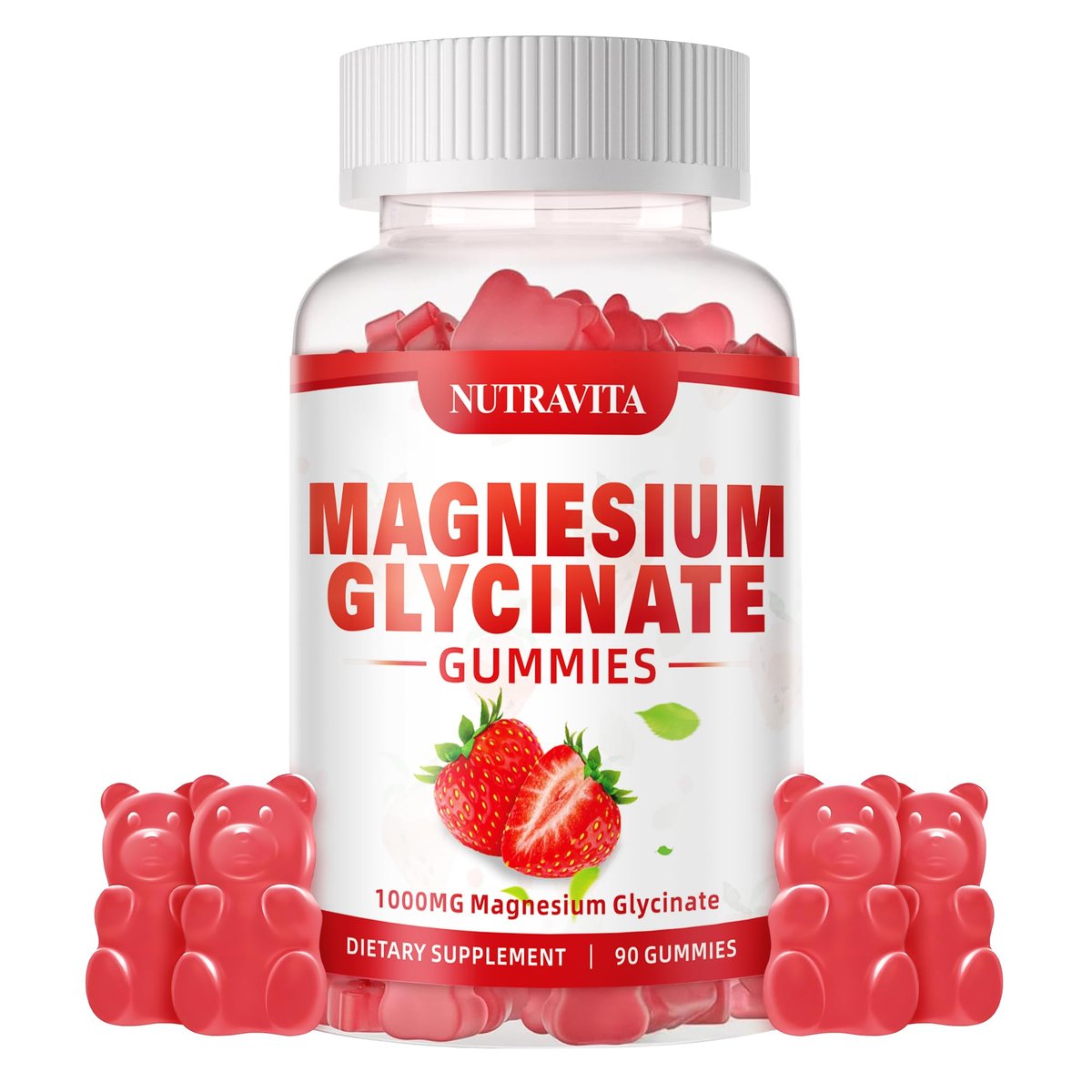 Magnesium Glycinat Gummies 1000mg mit Magnesium L-Threonat, Chelat-Magnesium-Kalium-Komplex mit VitD, B6, CoQ10, Calcium – unterstützt Gedächtnis, Ruhe, Stimmung – 90 Gummies Erdbeere