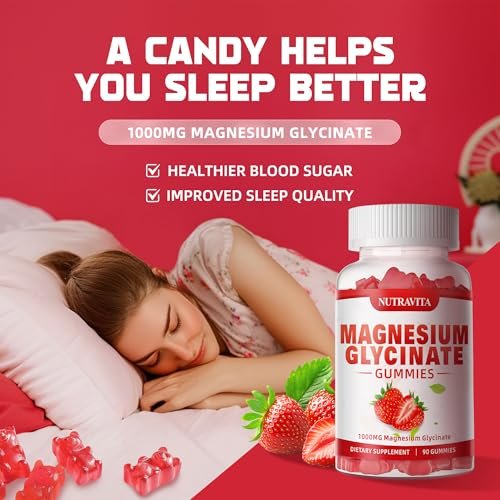 Magnesium Glycinat Gummies 1000mg mit Magnesium L-Threonat, Chelat-Magnesium-Kalium-Komplex mit VitD, B6, CoQ10, Calcium – unterstützt Gedächtnis, Ruhe, Stimmung – 90 Gummies Erdbeere