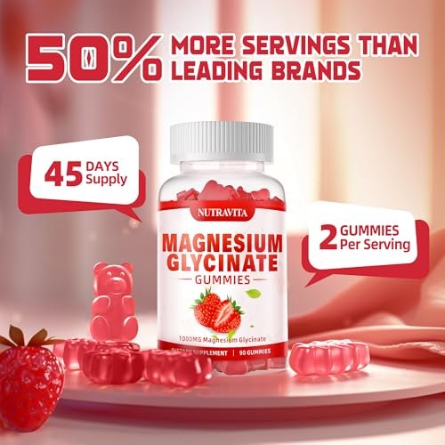 Magnesium Glycinat Gummies 1000mg mit Magnesium L-Threonat, Chelat-Magnesium-Kalium-Komplex mit VitD, B6, CoQ10, Calcium – unterstützt Gedächtnis, Ruhe, Stimmung – 90 Gummies Erdbeere