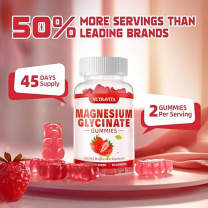 Magnesium Glycinat Gummies 1000mg mit Magnesium L-Threonat, Chelat-Magnesium-Kalium-Komplex mit VitD, B6, CoQ10, Calcium – unterstützt Gedächtnis, Ruhe, Stimmung – 90 Gummies Erdbeere