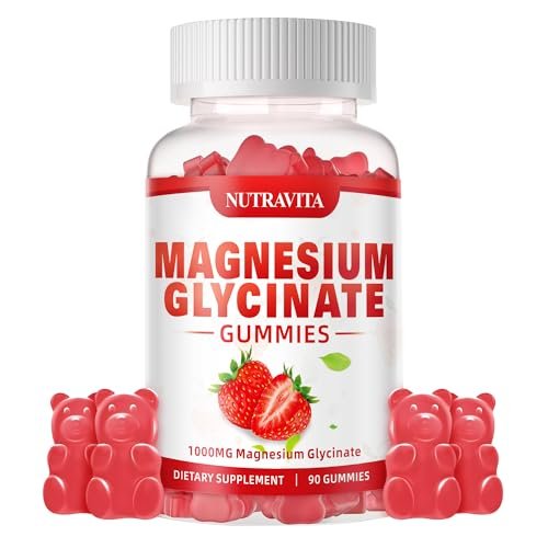 Magnesium Glycinat Gummies 1000mg mit Magnesium L-Threonat, Chelat-Magnesium-Kalium-Komplex mit VitD, B6, CoQ10, Calcium – unterstützt Gedächtnis, Ruhe, Stimmung – 90 Gummies Erdbeere