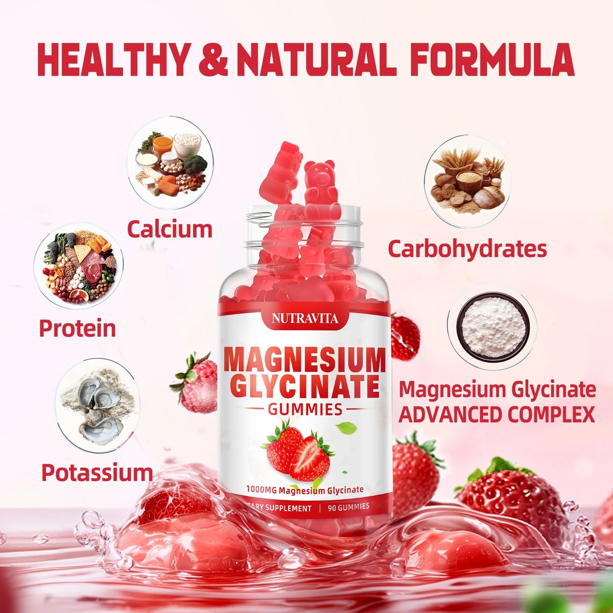 Magnesium Glycinat Gummies 1000mg mit Magnesium L-Threonat, Chelat-Magnesium-Kalium-Komplex mit VitD, B6, CoQ10, Calcium – unterstützt Gedächtnis, Ruhe, Stimmung – 90 Gummies Erdbeere
