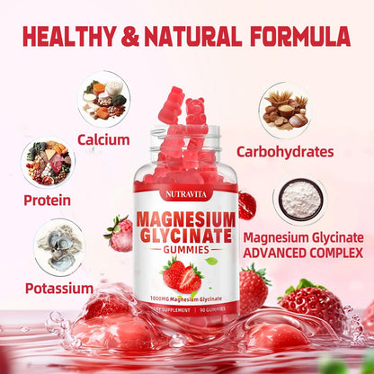 Magnesium Glycinat Gummies 1000mg mit Magnesium L-Threonat, Chelat-Magnesium-Kalium-Komplex mit VitD, B6, CoQ10, Calcium – unterstützt Gedächtnis, Ruhe, Stimmung – 90 Gummies Erdbeere