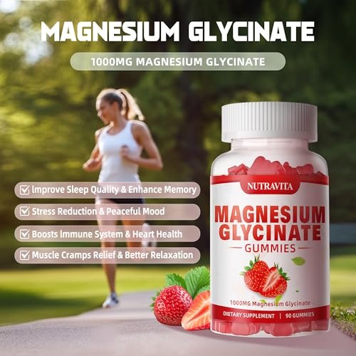 Magnesium Glycinat Gummies 1000mg mit Magnesium L-Threonat, Chelat-Magnesium-Kalium-Komplex mit VitD, B6, CoQ10, Calcium – unterstützt Gedächtnis, Ruhe, Stimmung – 90 Gummies Erdbeere