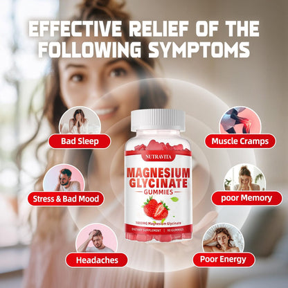 Magnesium Glycinat Gummies 1000mg mit Magnesium L-Threonat, Chelat-Magnesium-Kalium-Komplex mit VitD, B6, CoQ10, Calcium – unterstützt Gedächtnis, Ruhe, Stimmung – 90 Gummies Erdbeere