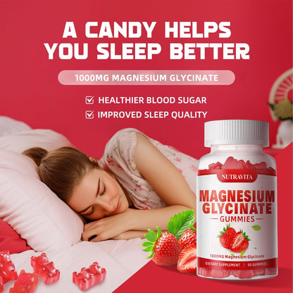 Magnesium Glycinat Gummies 1000mg mit Magnesium L-Threonat, Chelat-Magnesium-Kalium-Komplex mit VitD, B6, CoQ10, Calcium – unterstützt Gedächtnis, Ruhe, Stimmung – 90 Gummies Erdbeere