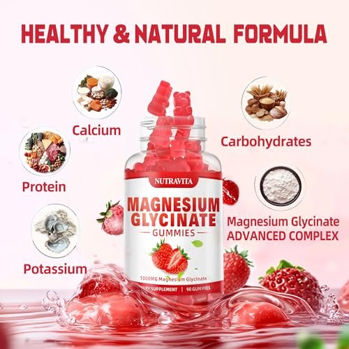 Magnesium Glycinat Gummies 1000mg mit Magnesium L-Threonat, Chelat-Magnesium-Kalium-Komplex mit VitD, B6, CoQ10, Calcium – unterstützt Gedächtnis, Ruhe, Stimmung – 90 Gummies Erdbeere