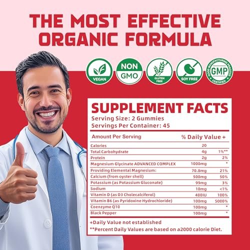 Magnesium Glycinat Gummies 1000mg mit Magnesium L-Threonat, Chelat-Magnesium-Kalium-Komplex mit VitD, B6, CoQ10, Calcium – unterstützt Gedächtnis, Ruhe, Stimmung – 90 Gummies Erdbeere