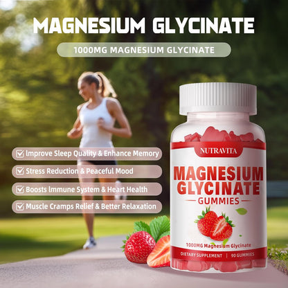 Magnesium Glycinat Gummies 1000mg mit Magnesium L-Threonat, Chelat-Magnesium-Kalium-Komplex mit VitD, B6, CoQ10, Calcium – unterstützt Gedächtnis, Ruhe, Stimmung – 90 Gummies Erdbeere