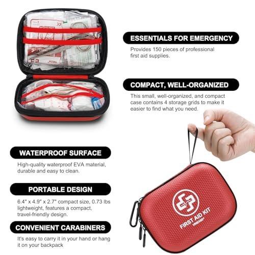Mini Erste-Hilfe-Set – 150-teiliger, wasserdichter Hartschalenkoffer für Zuhause, Auto, Reisen, Camping, Wandern, Sport, Büro, Fahrzeug und Outdoor-Notfälle (Rot)