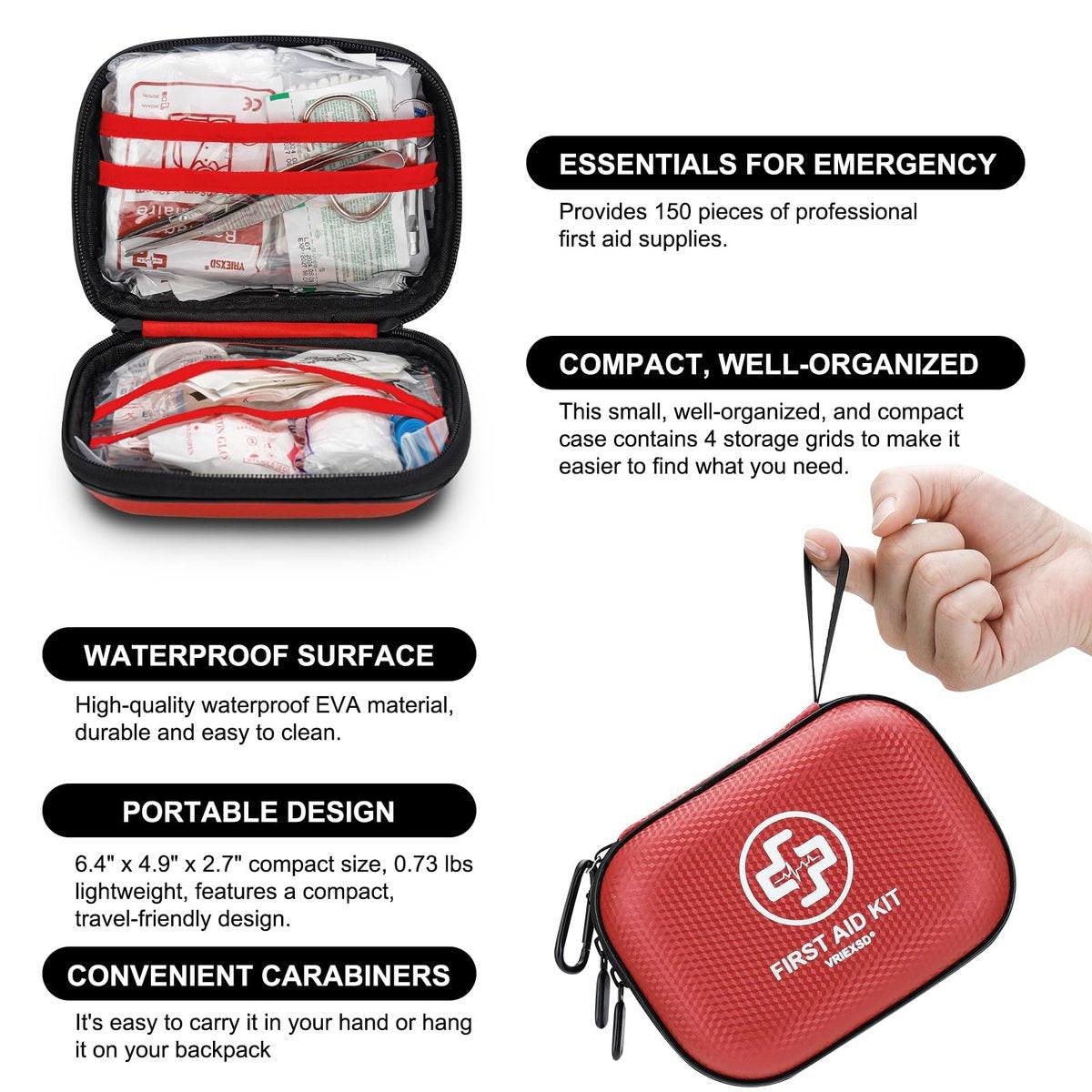 Mini Erste-Hilfe-Set – 150-teiliger, wasserdichter Hartschalenkoffer für Zuhause, Auto, Reisen, Camping, Wandern, Sport, Büro, Fahrzeug und Outdoor-Notfälle (Rot)