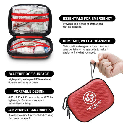 Mini Erste-Hilfe-Set – 150-teiliger, wasserdichter Hartschalenkoffer für Zuhause, Auto, Reisen, Camping, Wandern, Sport, Büro, Fahrzeug und Outdoor-Notfälle (Rot)