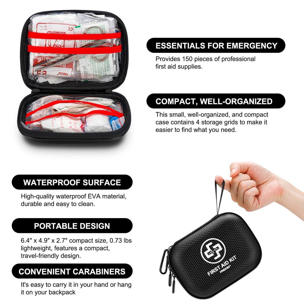 Mini Erste-Hilfe-Set – 150-teiliger wasserdichter Hartschalenkoffer für Zuhause, Auto, Reisen, Camping, Wandern, Sport, Büro & Outdoor-Notfälle (Schwarz)