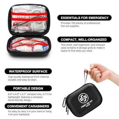 Mini Erste-Hilfe-Set – 150-teiliger wasserdichter Hartschalenkoffer für Zuhause, Auto, Reisen, Camping, Wandern, Sport, Büro & Outdoor-Notfälle (Schwarz)