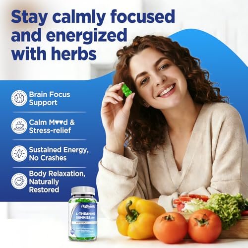 HOLLEGEND L-Theanin Gummies – 400mg L-Theanin mit Ashwagandha, GABA & 5-HTP – Vegan, Zitronengeschmack, 60 Stück für Entspannung, Schlaf & Fokus