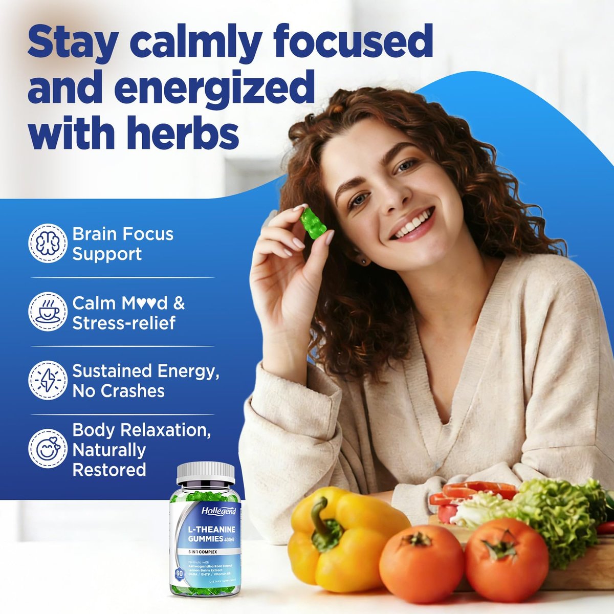 HOLLEGEND L-Theanin Gummies – 400mg L-Theanin mit Ashwagandha, GABA & 5-HTP – Vegan, Zitronengeschmack, 60 Stück für Entspannung, Schlaf & Fokus