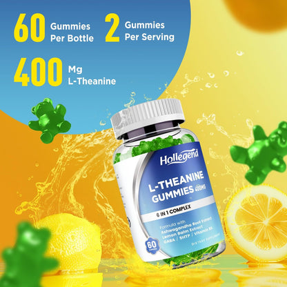 HOLLEGEND L-Theanin Gummies – 400mg L-Theanin mit Ashwagandha, GABA & 5-HTP – Vegan, Zitronengeschmack, 60 Stück für Entspannung, Schlaf & Fokus