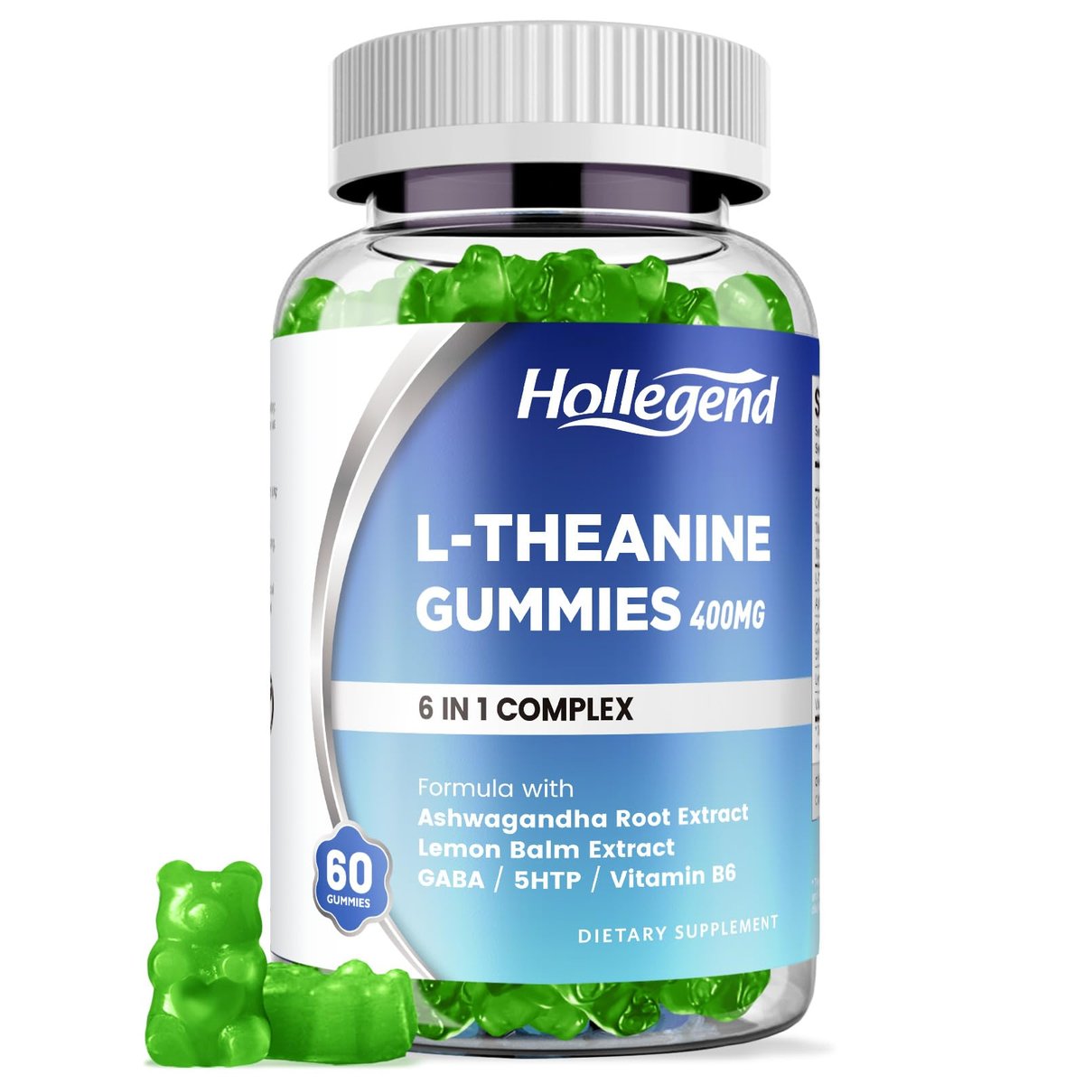 HOLLEGEND L-Theanin Gummies – 400mg L-Theanin mit Ashwagandha, GABA & 5-HTP – Vegan, Zitronengeschmack, 60 Stück für Entspannung, Schlaf & Fokus